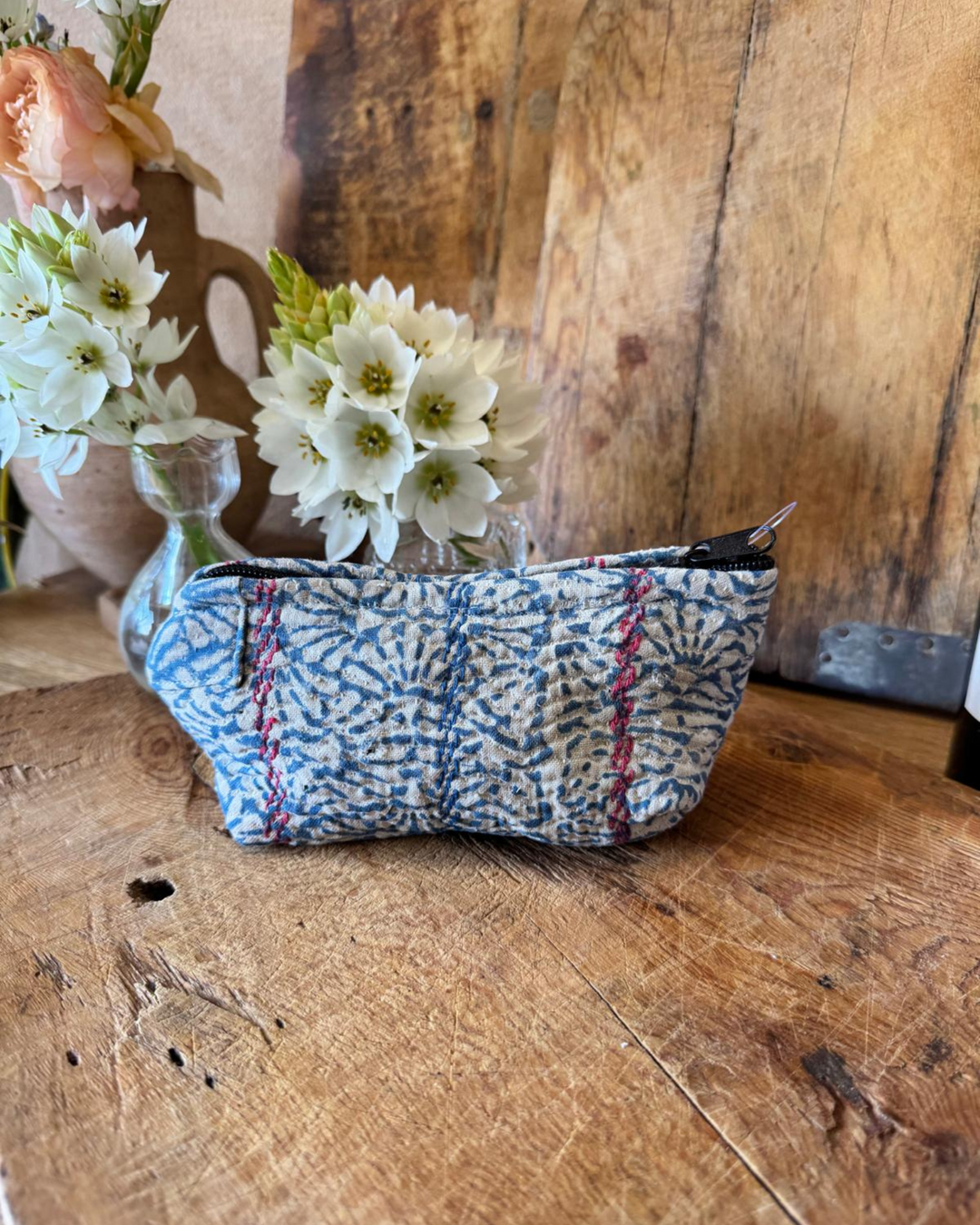 Small Wash Bag – Indigo Lines with Red Kantha Stitching