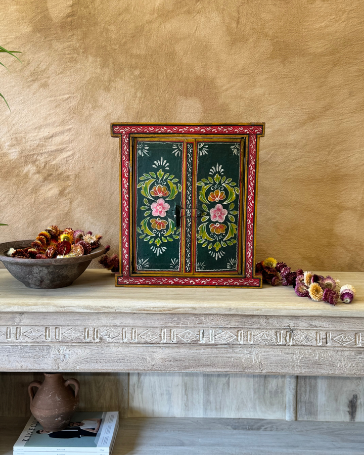 Hand-Painted Reclaimed Window Panel – Green Floral Design with Red Border