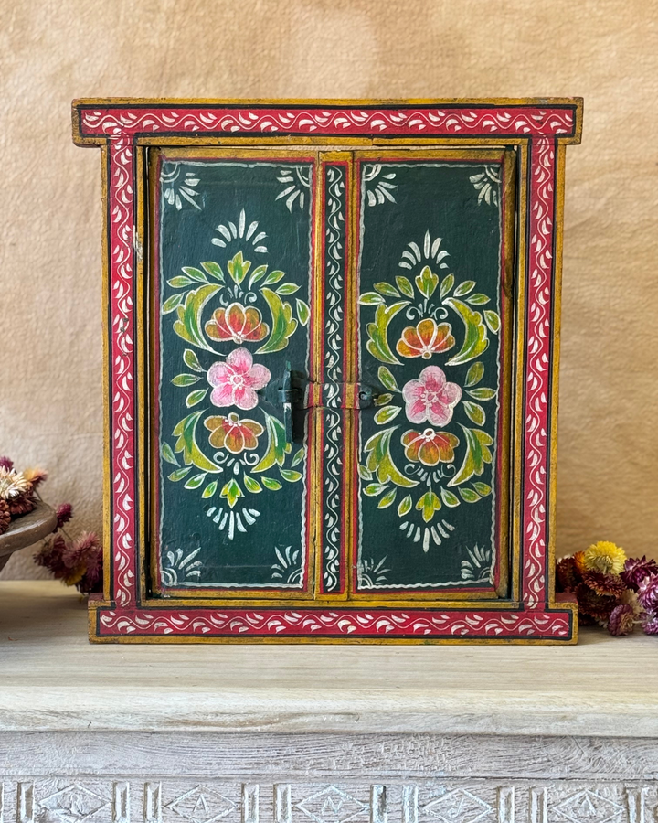 Hand-Painted Reclaimed Window Panel – Green Floral Design with Red Border