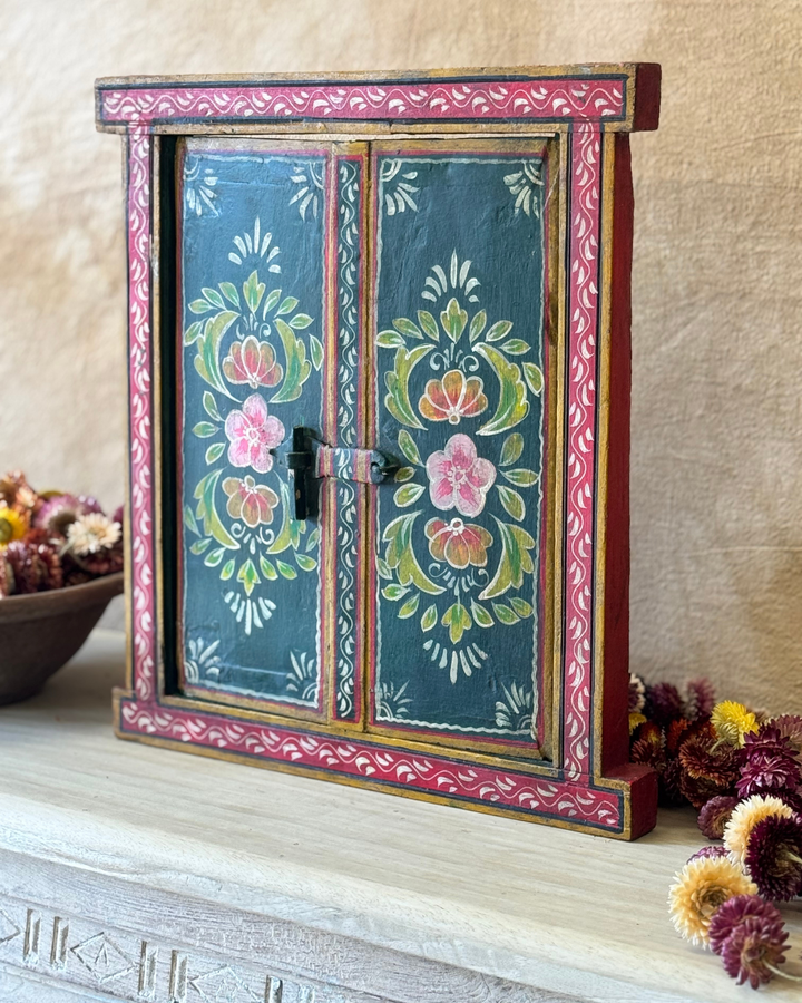 Hand-Painted Reclaimed Window Panel – Green Floral Design with Red Border