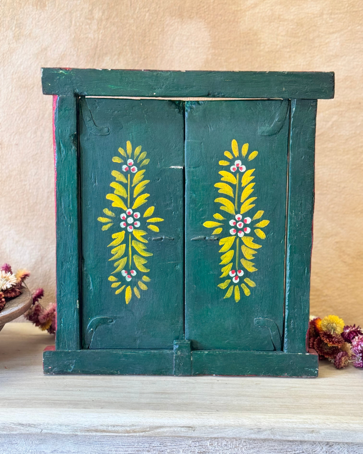 Hand-Painted Reclaimed Window Panel – Green Floral Design with Red Border