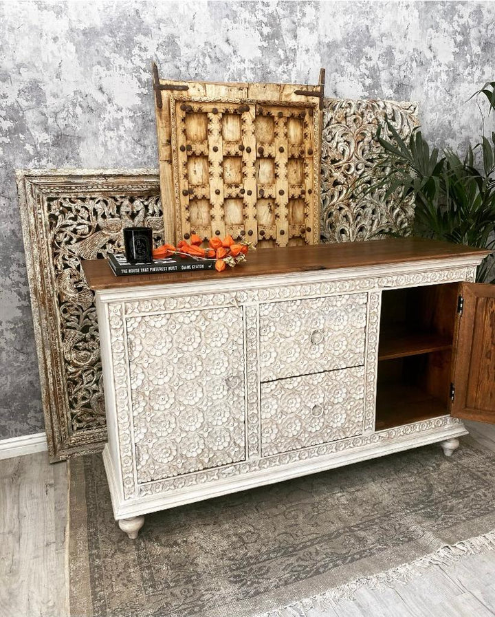 Hand Carved Flower Design Whitewashed Mango Wood Sideboard