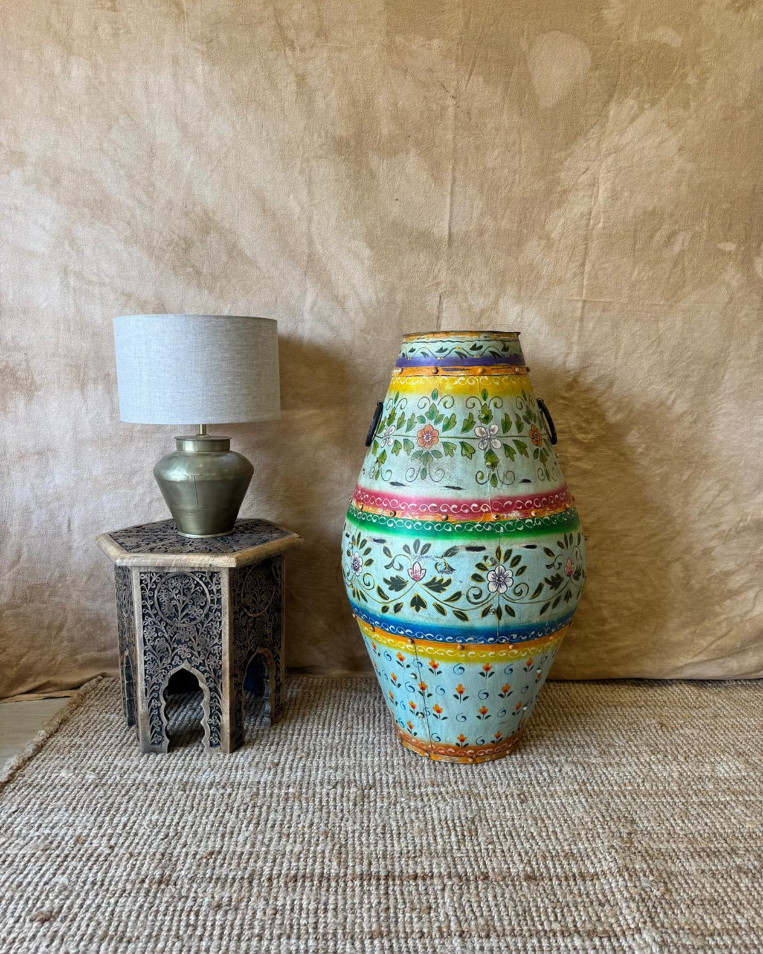 Hand-Painted Iron Pot – Turquoise Floral Design