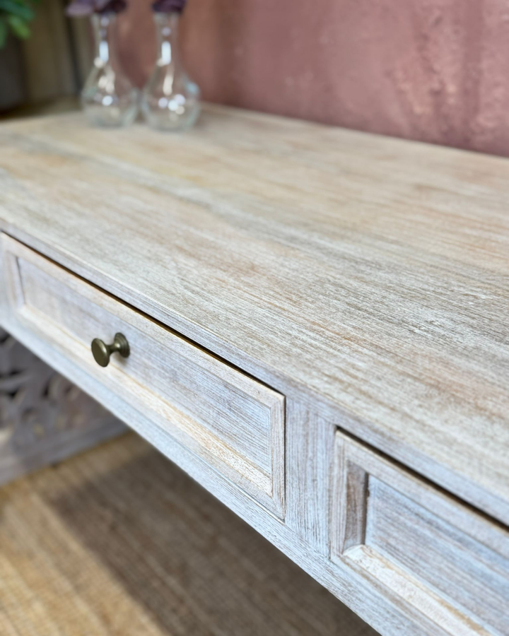3-Drawer Hand-Carved Desk / Dressing Table in Whitewash Finish