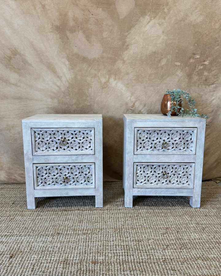 Pair of Hand-Carved Mango Wood Bedside Tables – Petal Design in Creamwash Finish