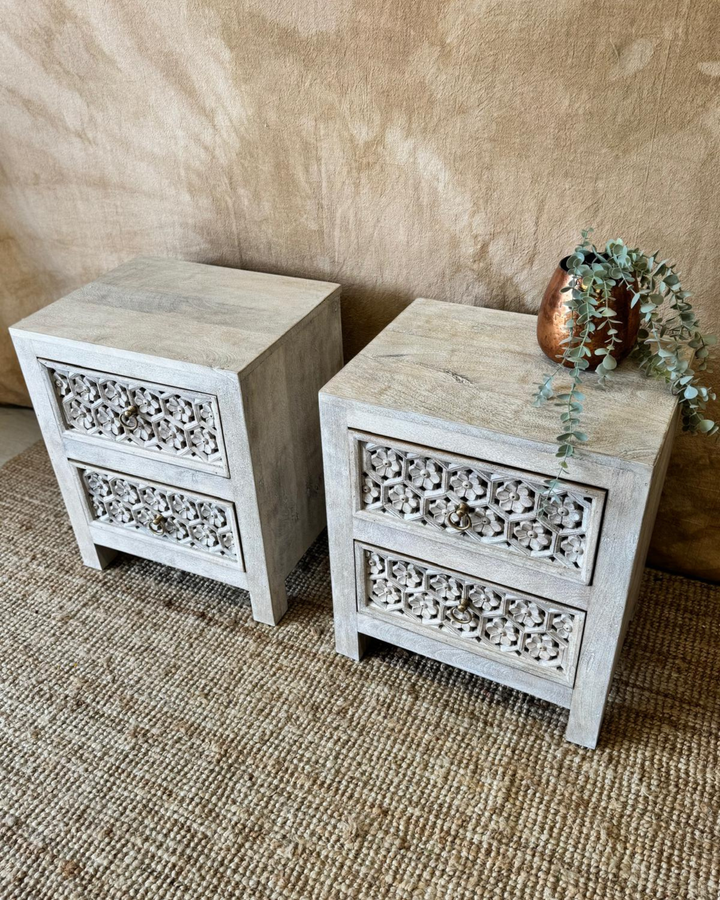 Pair of Hand-Carved Mango Wood Bedside Tables – Petal Design in Creamwash Finish