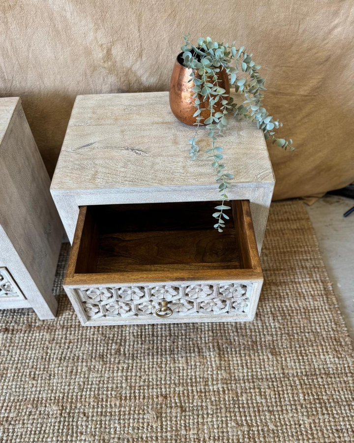 Pair of Hand-Carved Mango Wood Bedside Tables – Petal Design in Creamwash Finish