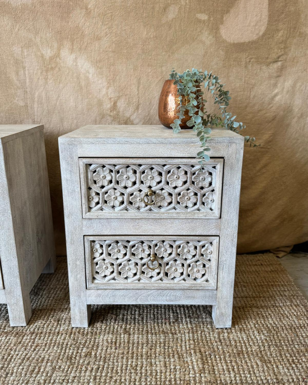Pair of Hand-Carved Mango Wood Bedside Tables – Petal Design in Creamwash Finish