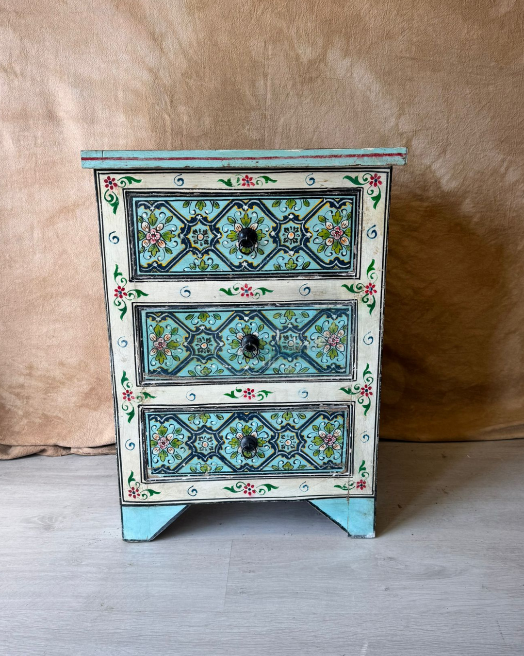 Hand-Painted Mango Wood Bedside Table – Blue Floral Design with Angled Legs