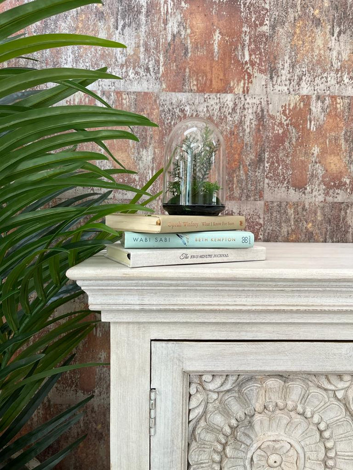 Hand Carved Whitewashed Mango Wood Sideboard