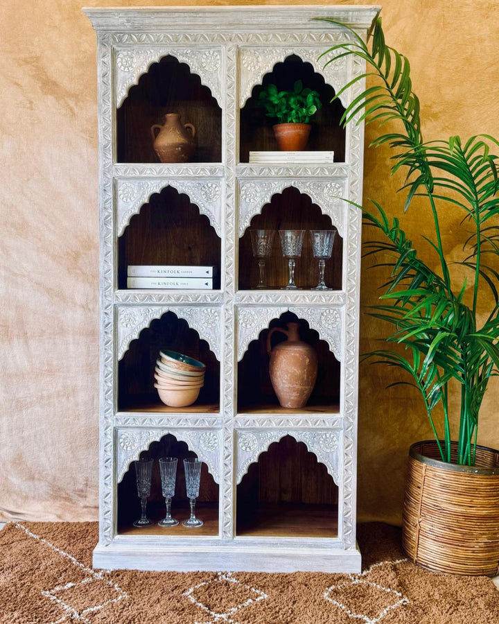 Hand-Carved Mango Wood Bookcase – Cream-Washed Light Natural Finish with Arched Shelves