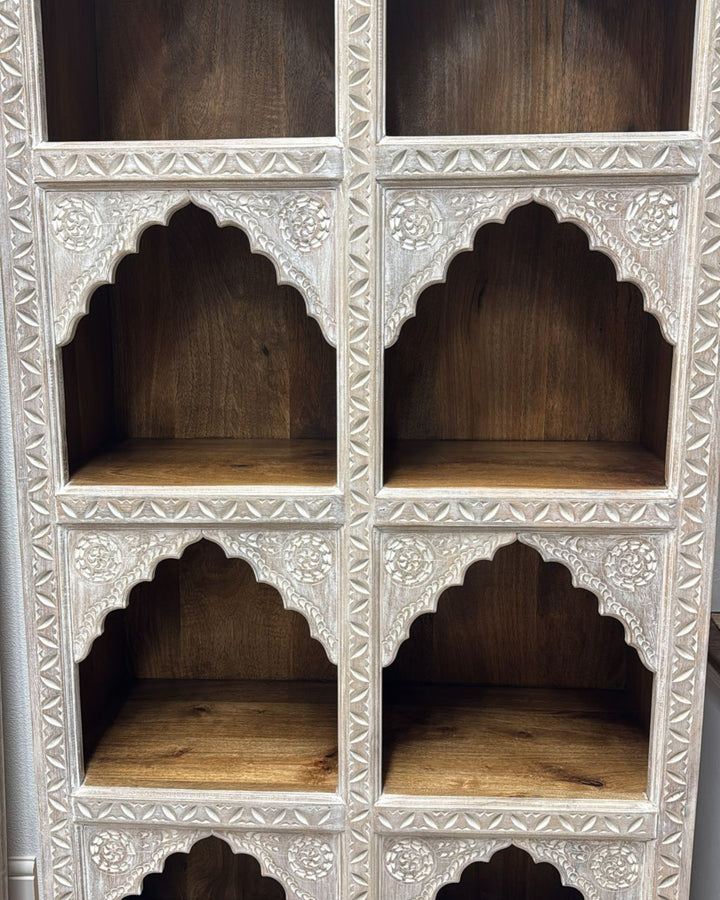 Hand-Carved Mango Wood Bookcase – Cream-Washed Light Natural Finish with Arched Shelves