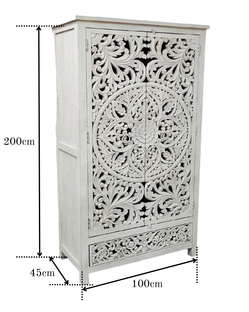 Hand-Carved Mango Wood Armoire – Whitewashed Finish with Symmetrical Floral Design