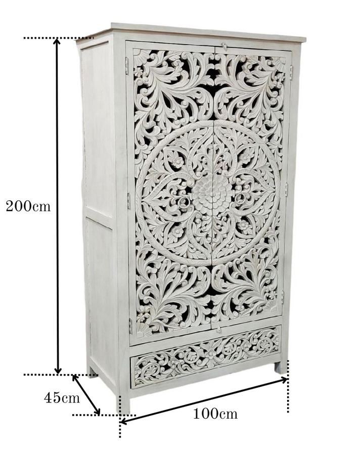 Hand-Carved Mango Wood Armoire – Whitewashed Finish with Symmetrical Floral Design
