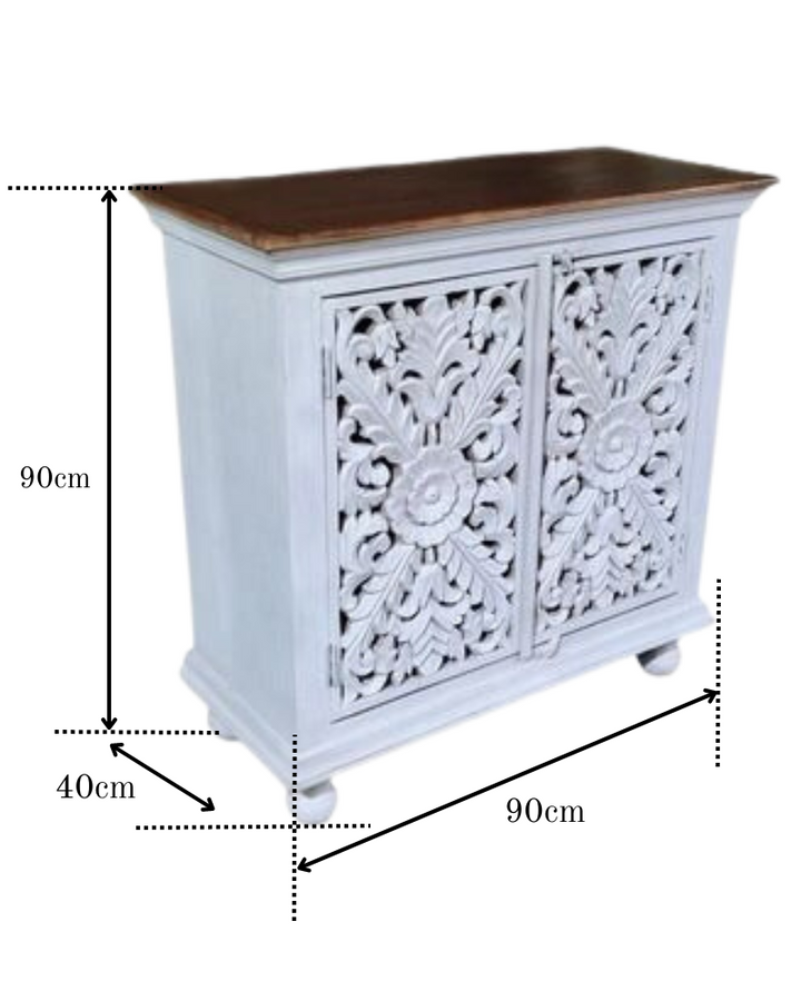 Elegant Whitewashed Hand-Carved Mango Wood Sideboard