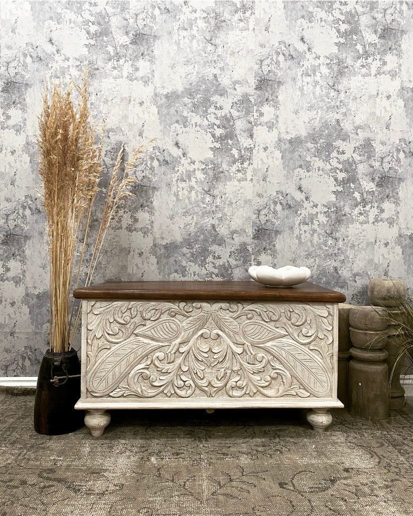 Mango Wood Storage Box with Peacock Carvings