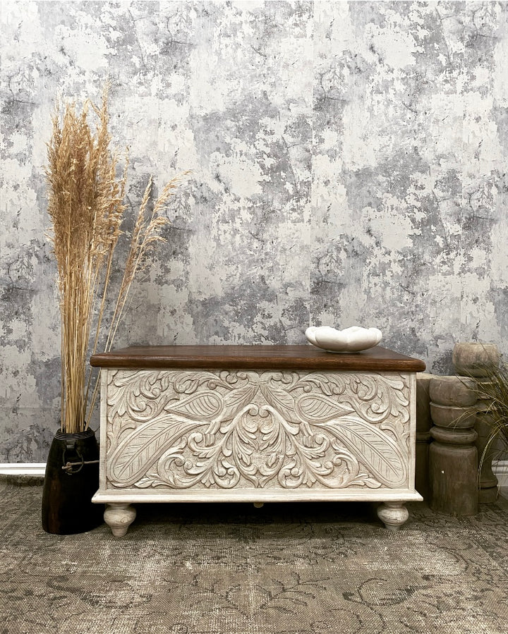 Mango Wood Storage Box with Peacock Carvings