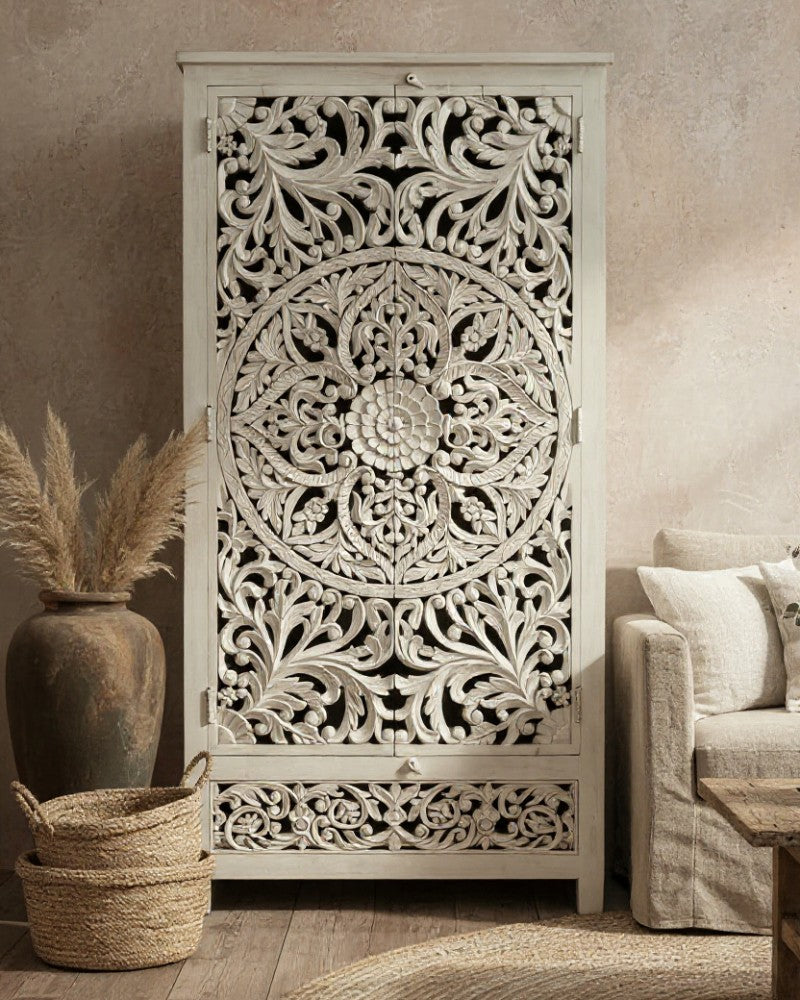 Hand-Carved Mango Wood Armoire – Whitewashed Finish with Symmetrical Floral Design