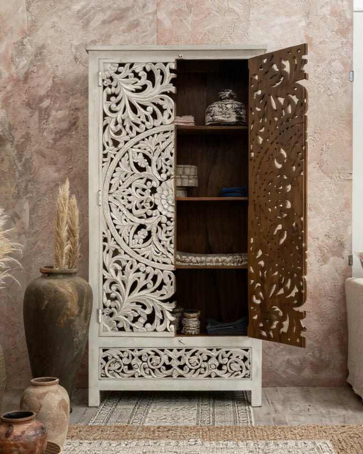 Hand-Carved Mango Wood Armoire – Whitewashed Finish with Symmetrical Floral Design