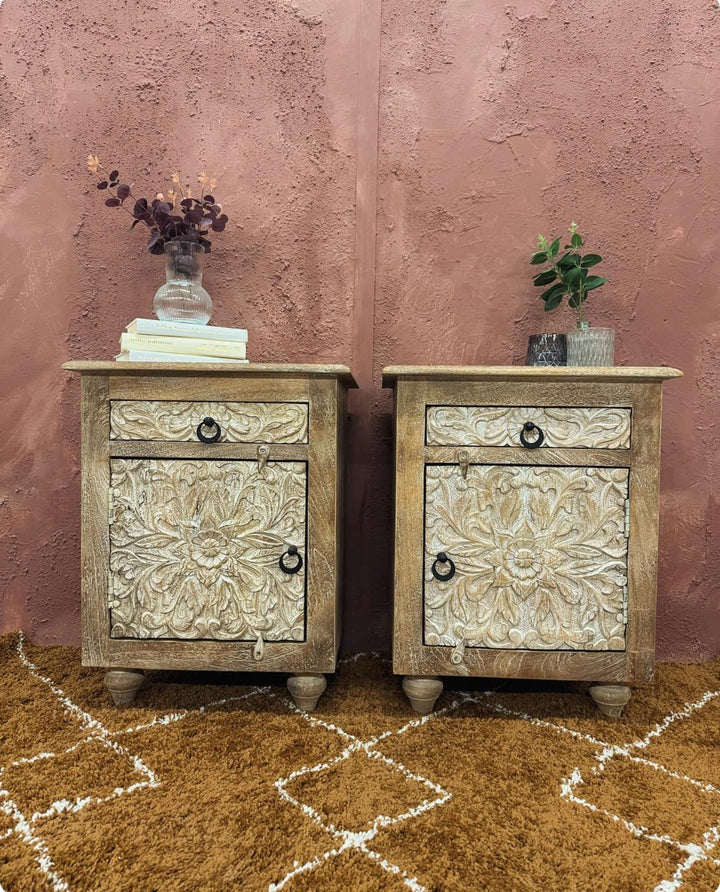 Pair of Hand-Carved Mango Wood Bedside Tables with Floral Patterns
