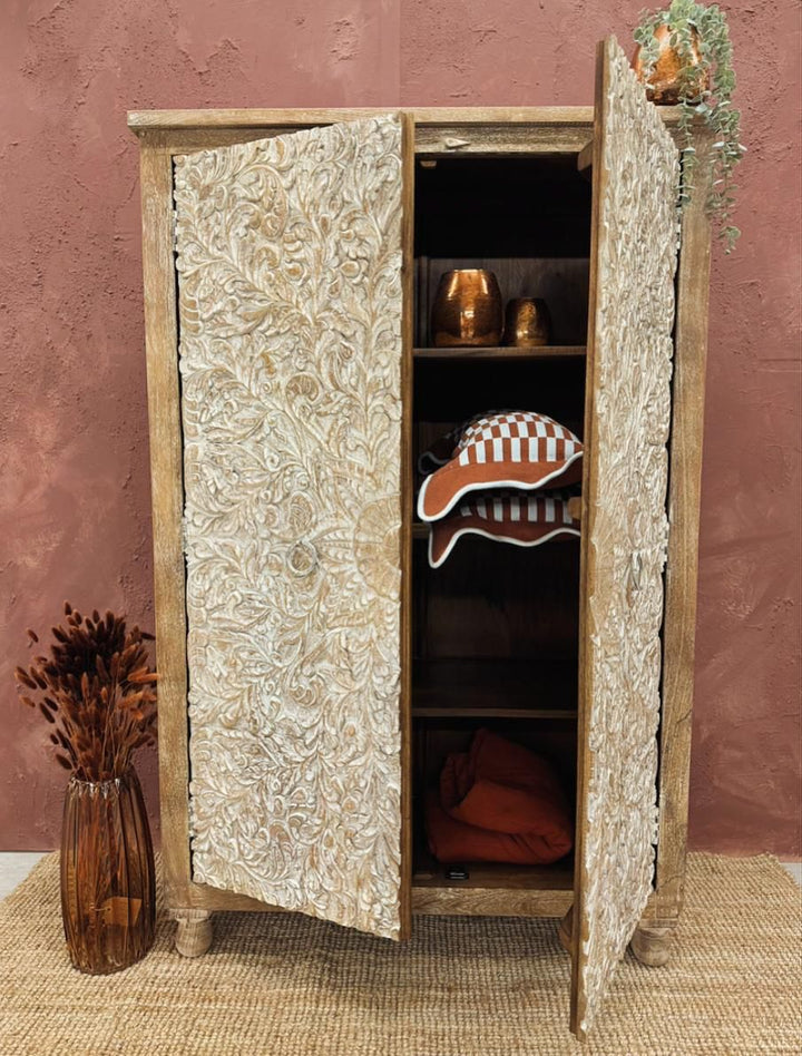 Hand Carved Two Door Mango Wood Cabinet