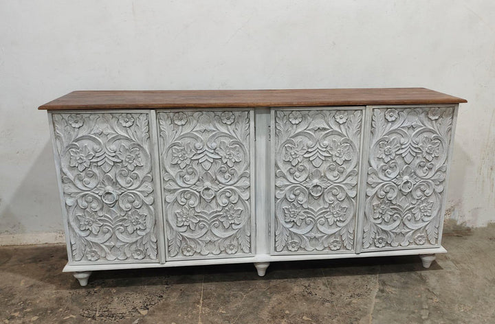 Intricately Hand Carved Mango Wood Four Door Sideboard