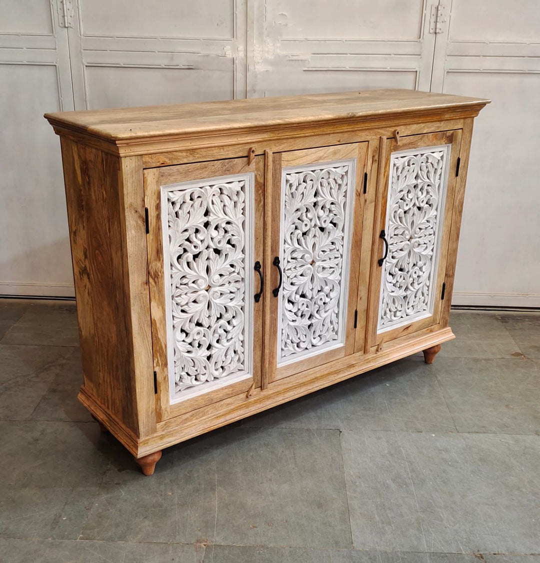 Hand Carved Three Door Sideboard with Intricate Petal Detailing
