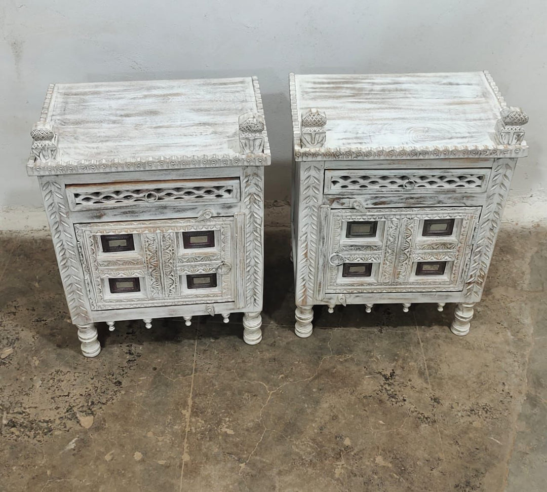 Pair of Vintage Style Hand Carved Mango Wood Bedside Tables