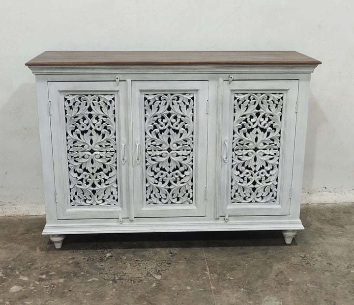 Hand Carved Three Door Sideboard with Intricate Petal Detailing