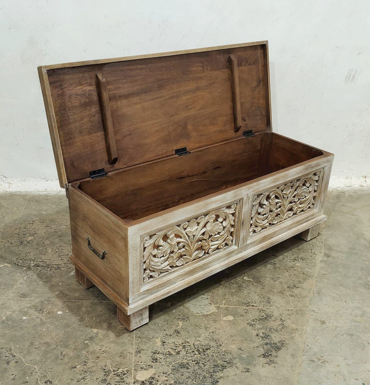 Long Hand Carved Mango Wood Storage Box