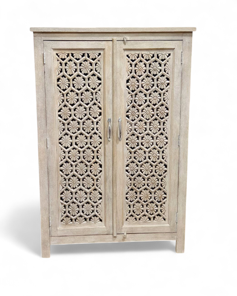 Hand-Carved Mango Wood Two Door Armoire – Sandblasted Creamwash Finish
