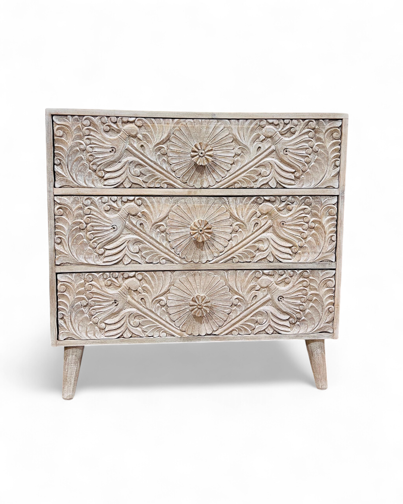 Hand-Carved Mango Wood Three Drawer Chest – Sandblasted Creamwash Finish