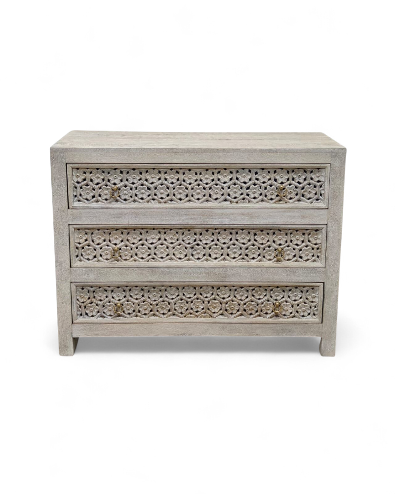 Hand-Carved Mango Wood Three Drawer Chest – Petal Design in Creamwash Finish