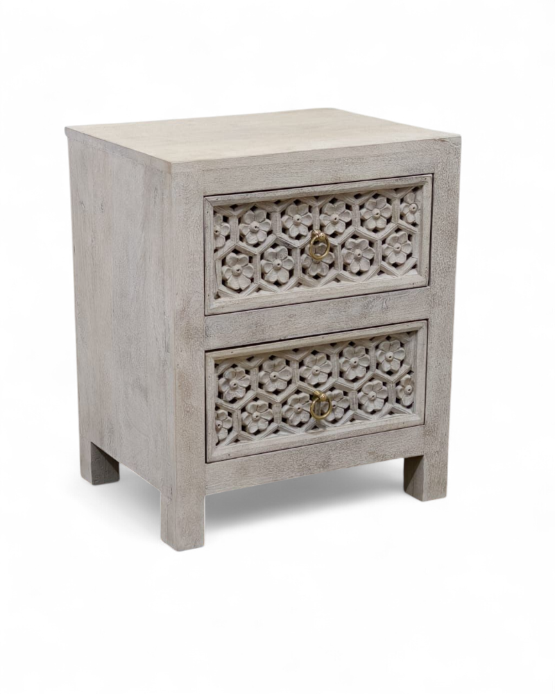 Pair of Hand-Carved Mango Wood Bedside Tables – Petal Design in Creamwash Finish