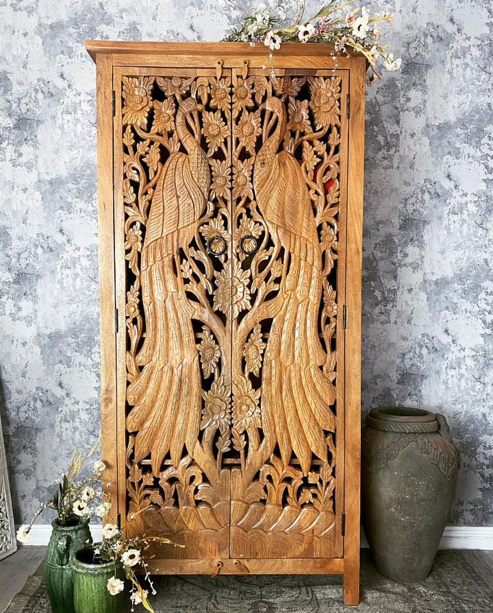Peacock Hand-Carved Mango Wood Armoire Cabinet
