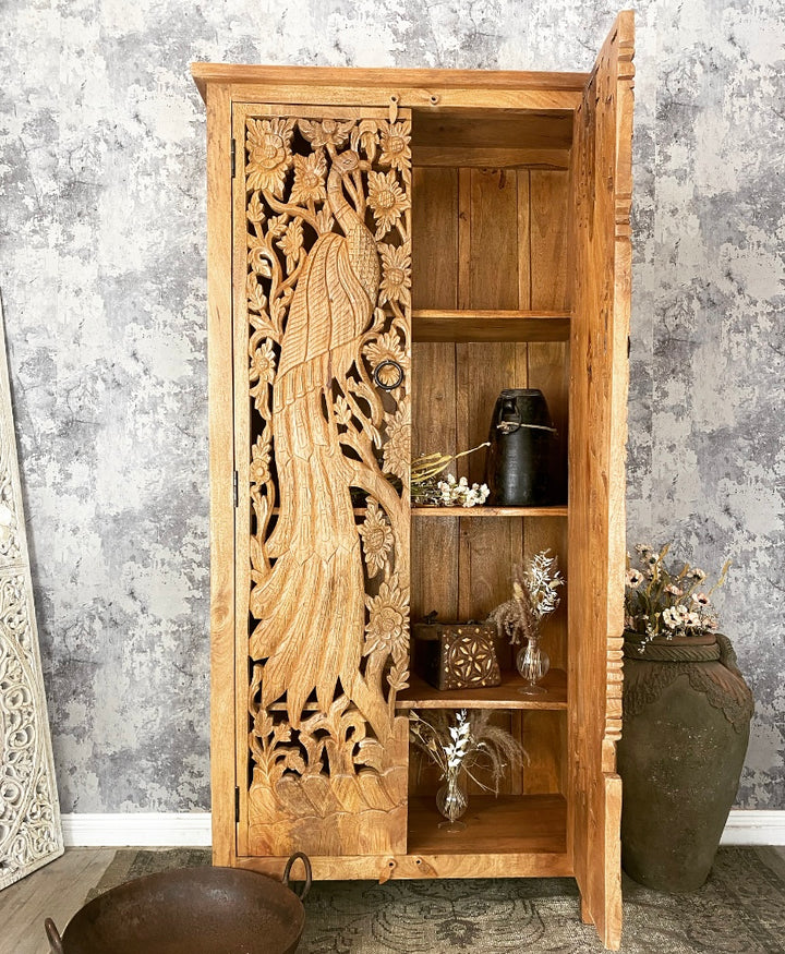 Peacock Hand-Carved Mango Wood Armoire Cabinet