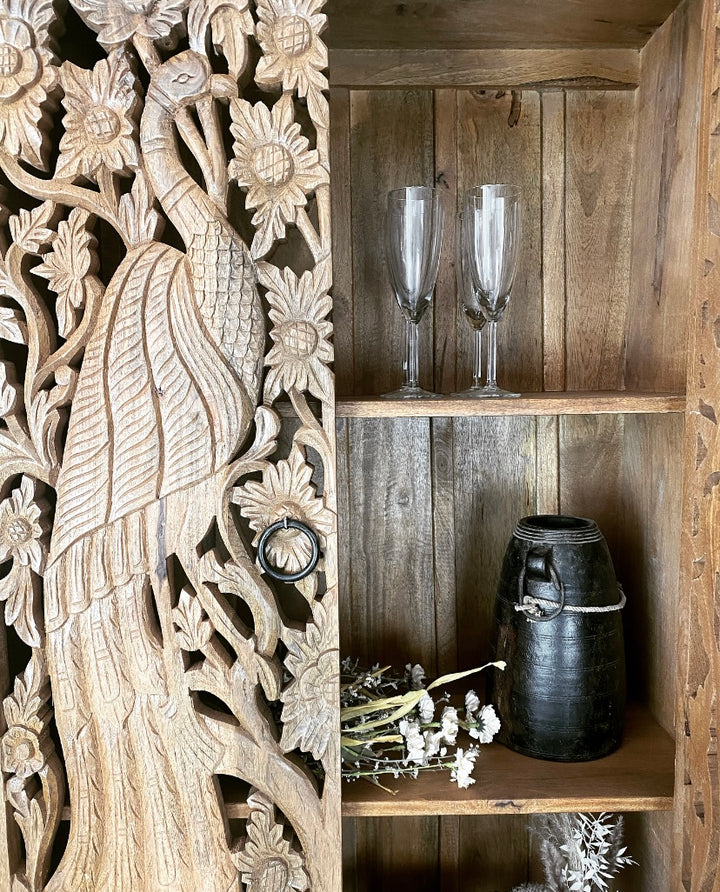 Peacock Hand-Carved Mango Wood Armoire Cabinet