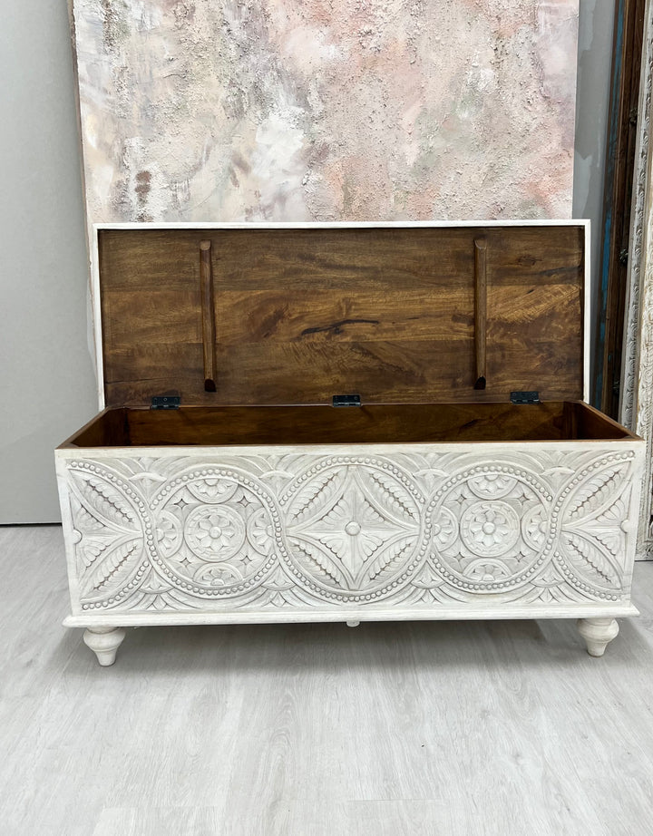 Ornately Carved Mango Wood Storage Box