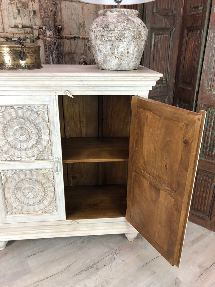 Hand Carved Whitewashed Mango Wood Sideboard