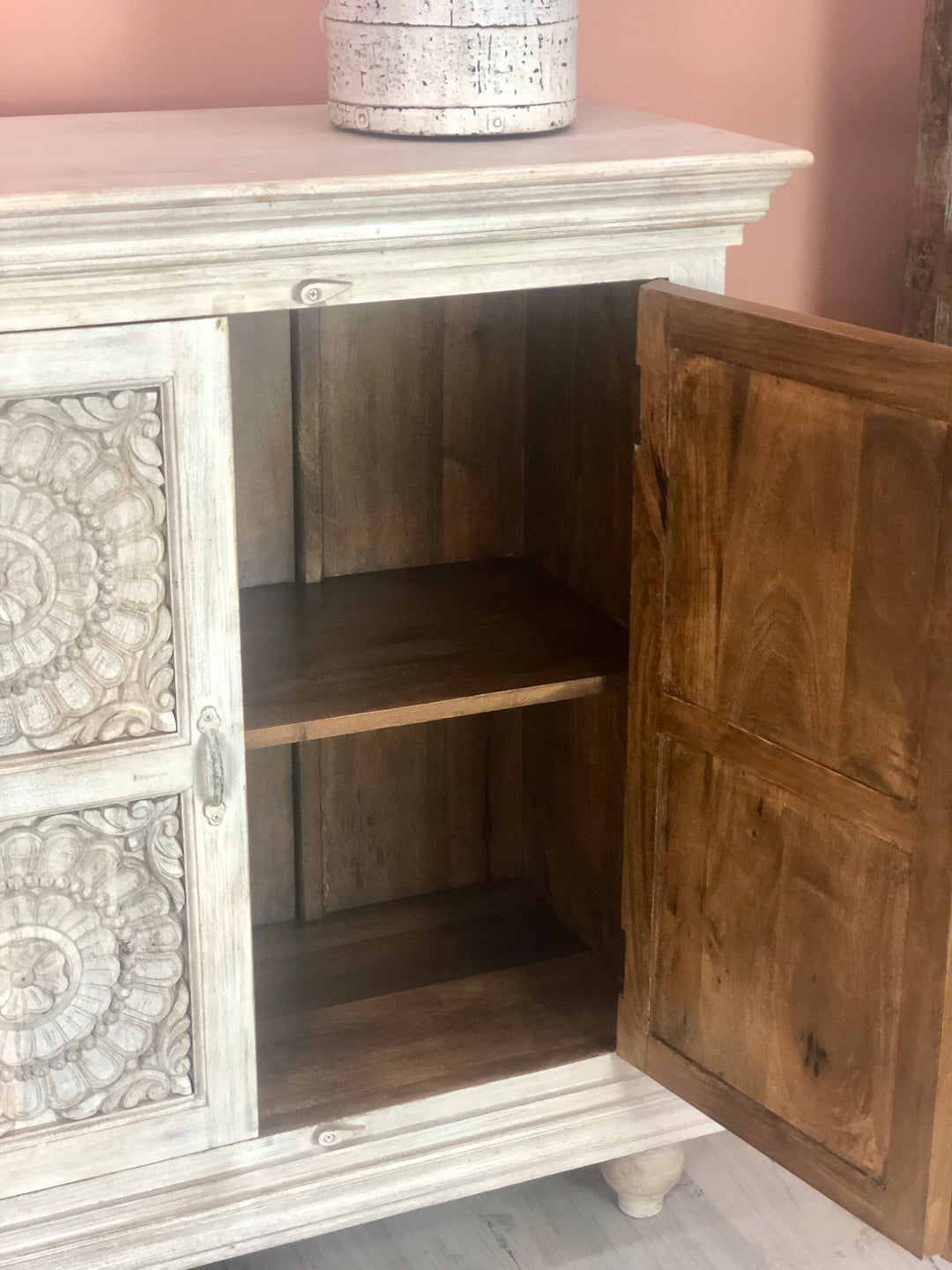 Hand Carved Whitewashed Mango Wood Sideboard