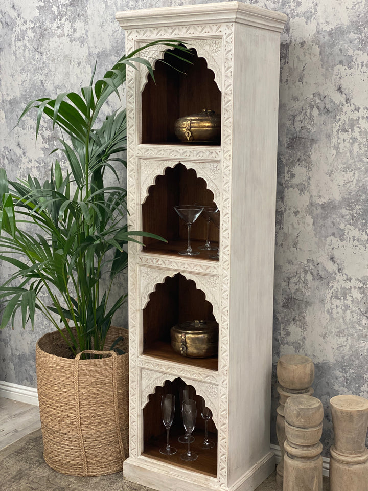 Hand-Carved Mango Wood Bookcase – Whitewashed Finish with Four Arched Display Shelves