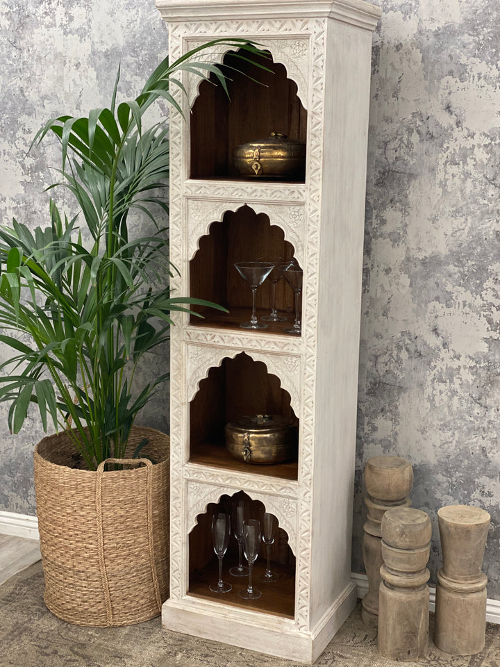 Hand-Carved Mango Wood Bookcase – Whitewashed Finish with Four Arched Display Shelves
