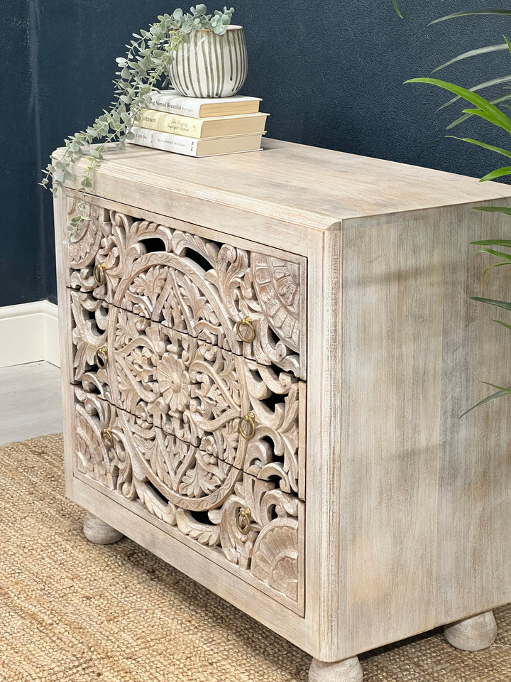 Hand Carved Mango Wood 3 Drawer Chest of Drawers