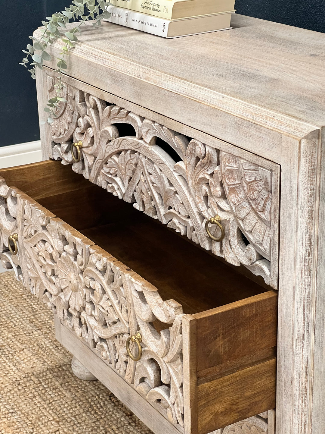 Hand Carved Whitewashed 3 Drawer Chest