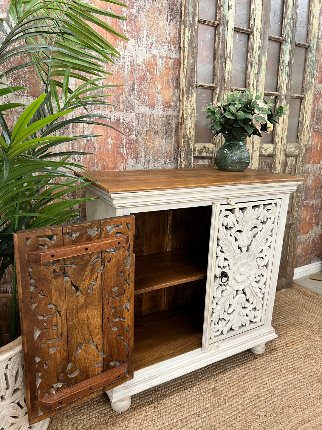 Elegant Whitewashed Hand-Carved Mango Wood Sideboard