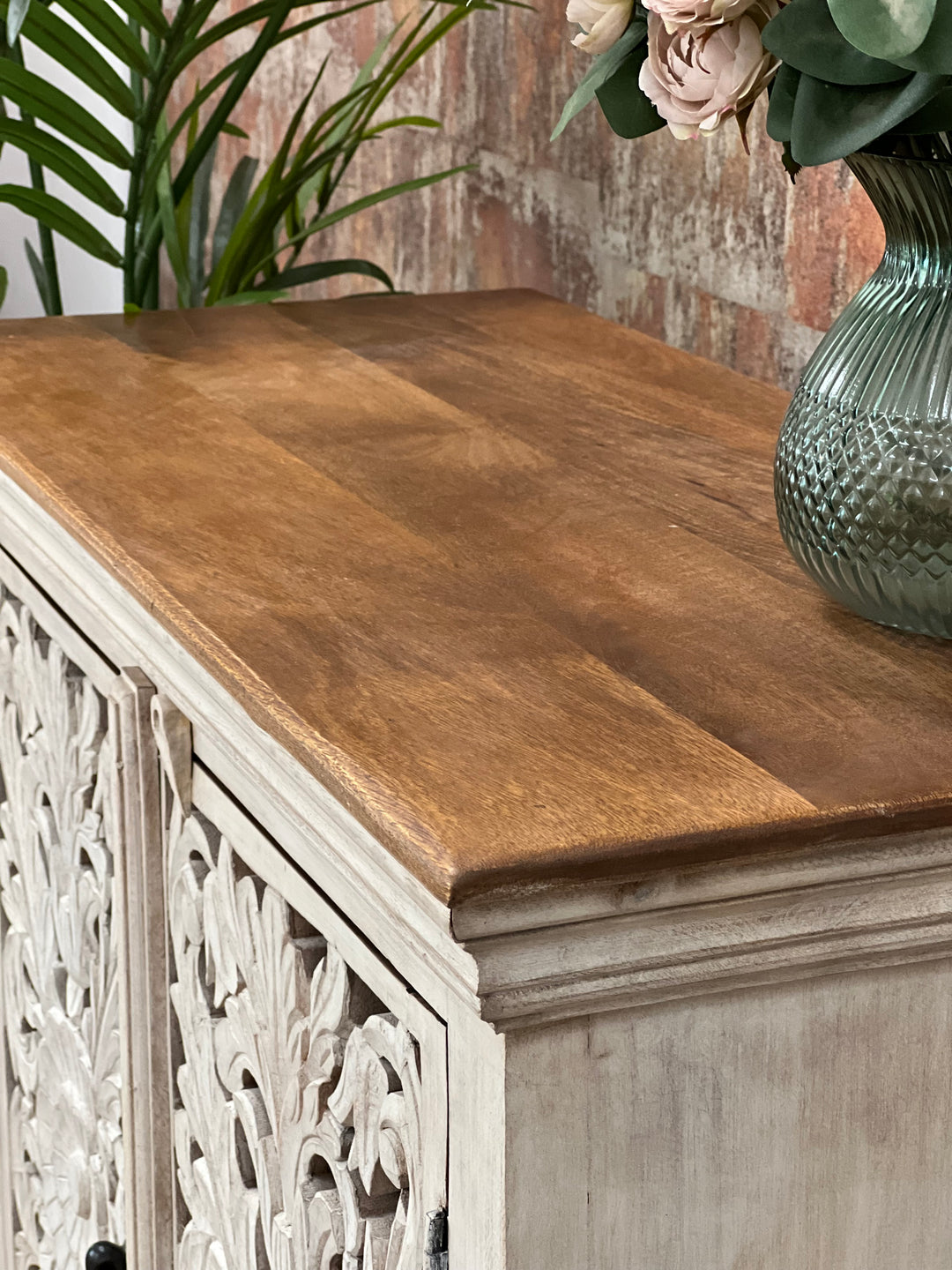 Elegant Whitewashed Hand-Carved Mango Wood Sideboard