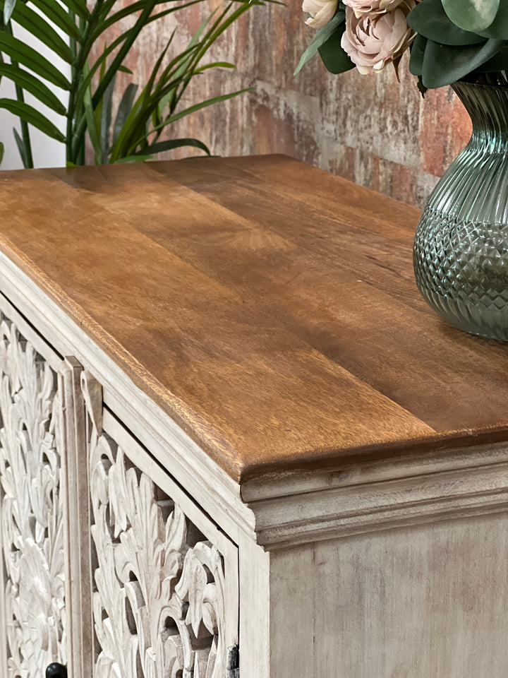 Elegant Whitewashed Hand-Carved Mango Wood Sideboard