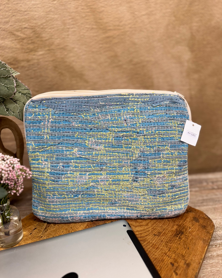 Kantha Tablet Sleeve (10") – Blue & Lime Kantha Stitch
