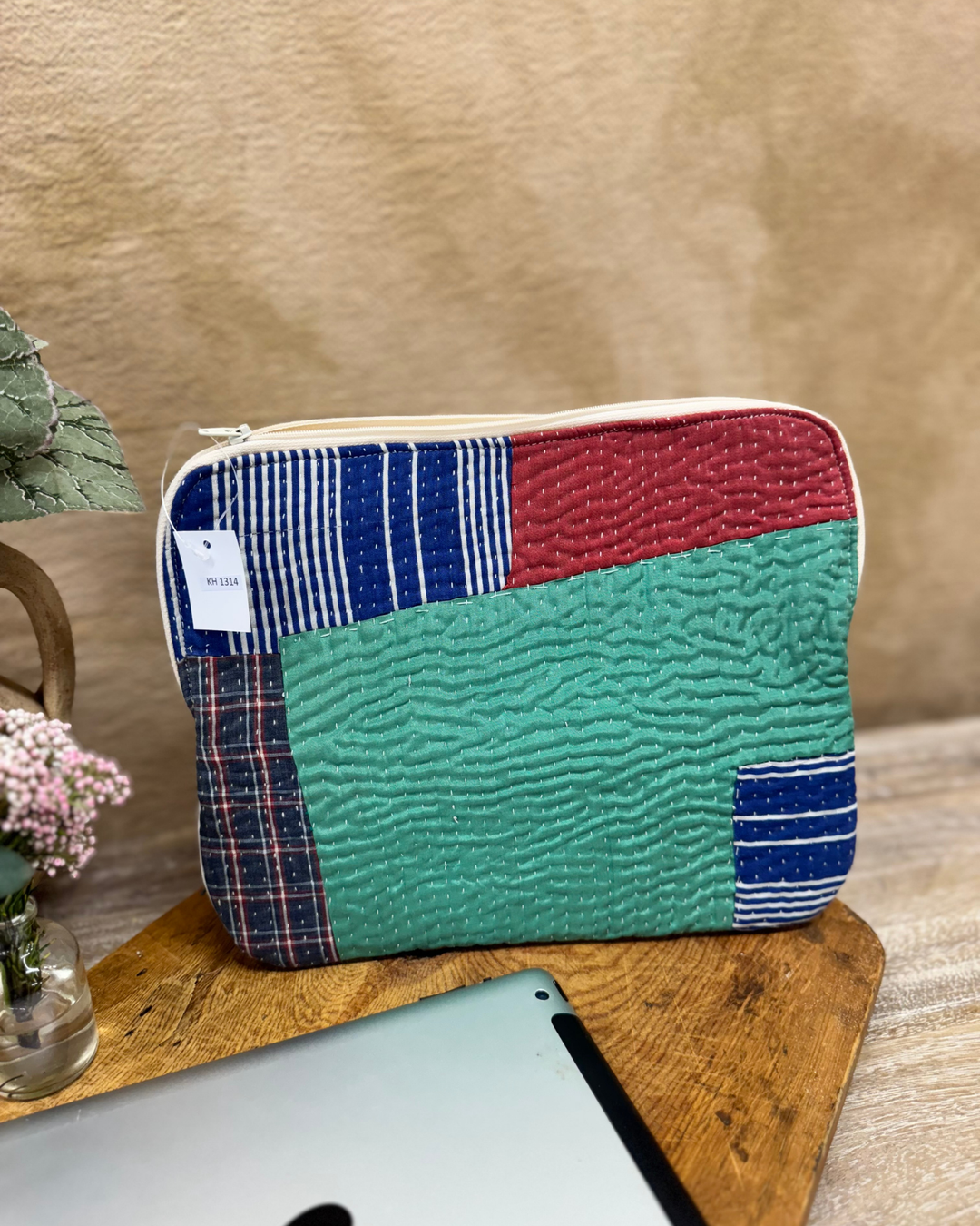 Kantha Tablet Sleeve – Midnight Check & Orange Patch (10")