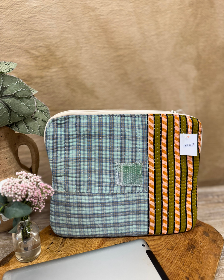 Kantha Tablet Sleeve – Teal Check & Stripe Kantha Stitch (10")
